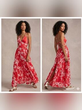 Red Floral Halter Maxi Dress - Women